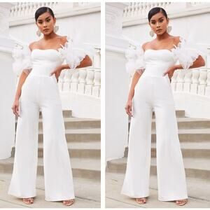 CLUB L LONDON Tulle Puff Sleeve Wide Leg Jumpsuit White Sz 2 {J23}